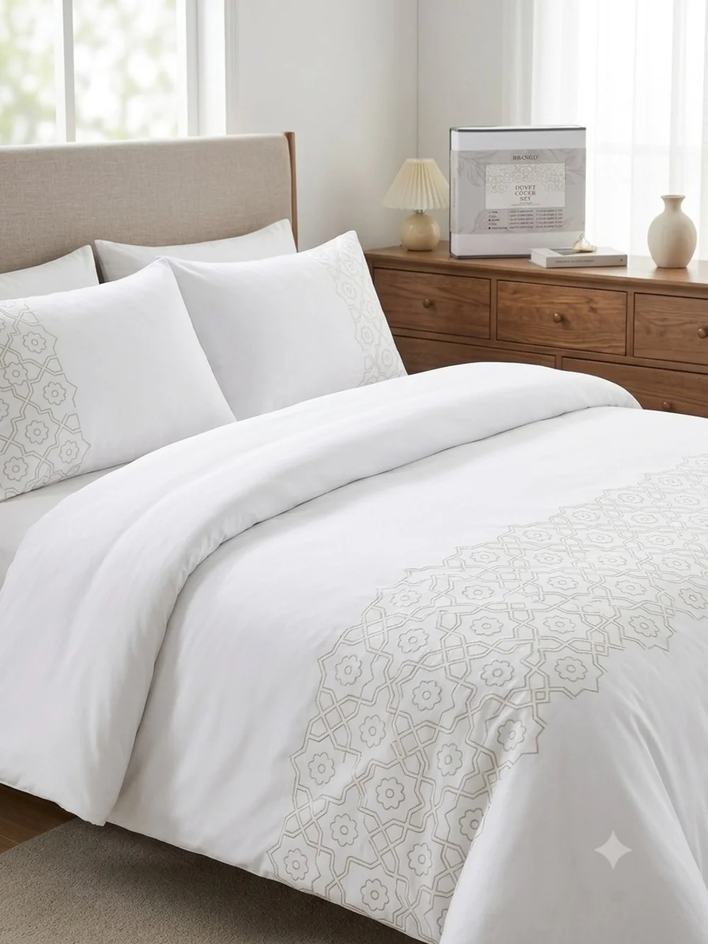 Elegant White Duvet Cover with Cream Geometric Embroidery